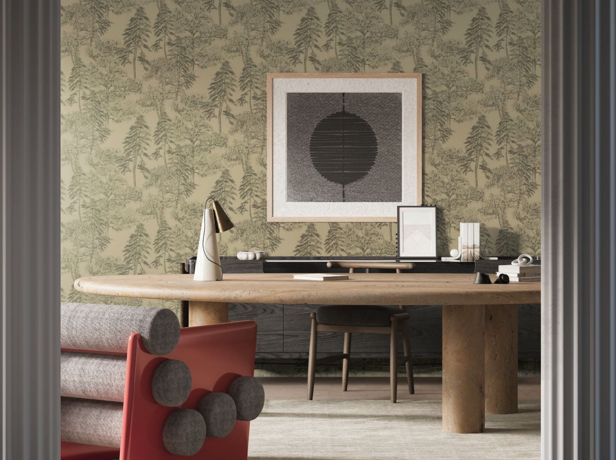 Обои Milassa Ambient vol.4 Лесной этюд Умбровый лес AM5 005/1 10,05×1 фото в интерьере